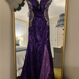 Tony Bowls Purple and Gold Sequin Prom Dress